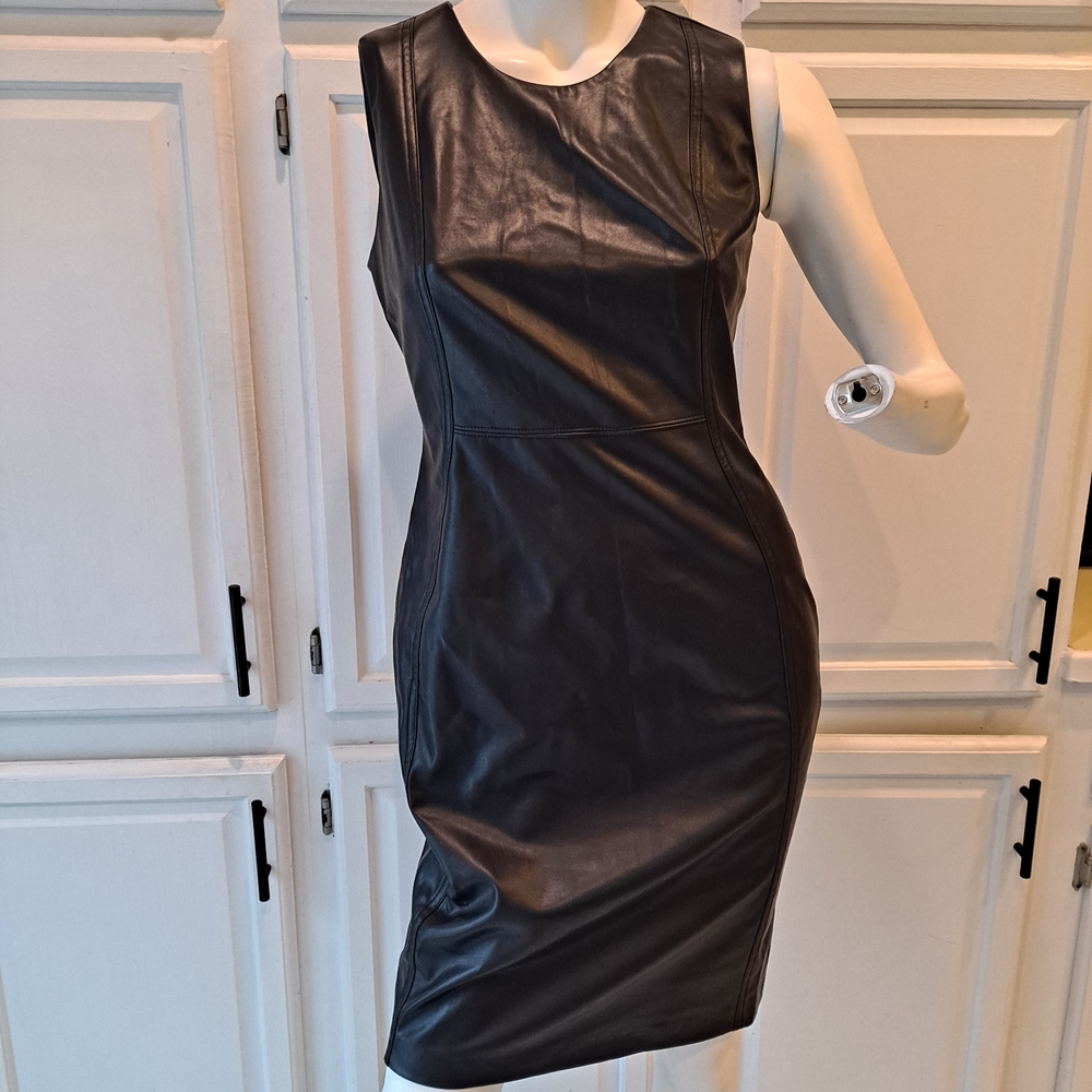 Calvin Klein Collection Black Faux Leather Midi Sheath Dress